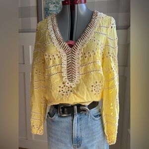 Boston Proper Yellow Embroidered V-Neck Tunic with Beaded Trim XS